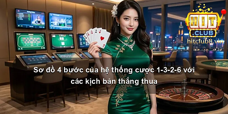 Sơ đồ 4 bước của hệ thống cược 1-3-2-6 với các kịch bản thắng thua