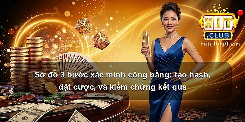 Sơ đồ 3 bước xác minh công bằng: tạo hash, đặt cược, và kiểm chứng kết quả